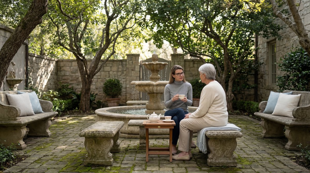 Illustration showing a network of community support and delegated practical tasks for a patient.