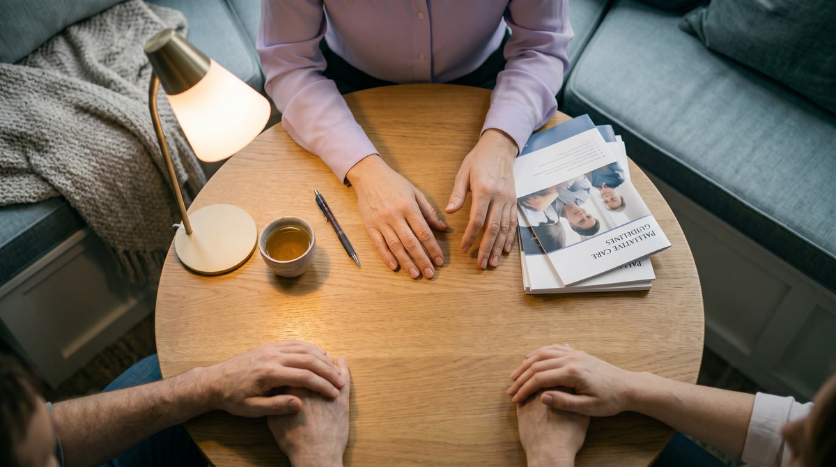 Two women holding hands on a sofa, illustrating emotional support for caregivers.