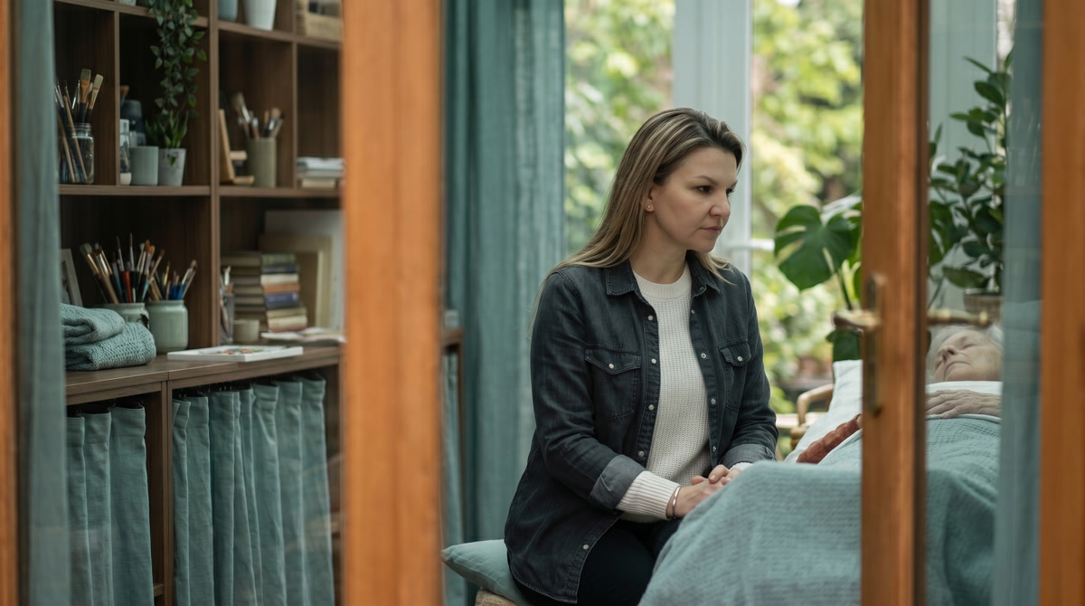Patient resting comfortably at home with family, illustrating the benefits of symptom management