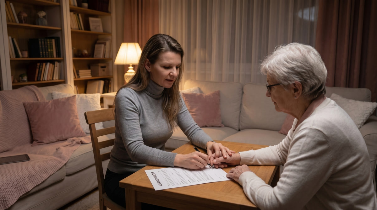 Hospice admissions nurse evaluating a patient in a comfortable home setting