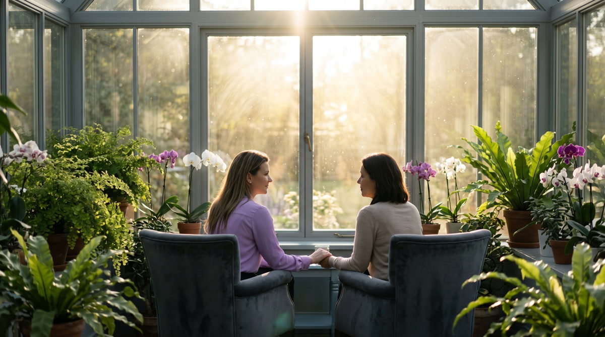 Caregiver and patient sharing a peaceful moment of connection without the pressure of eating
