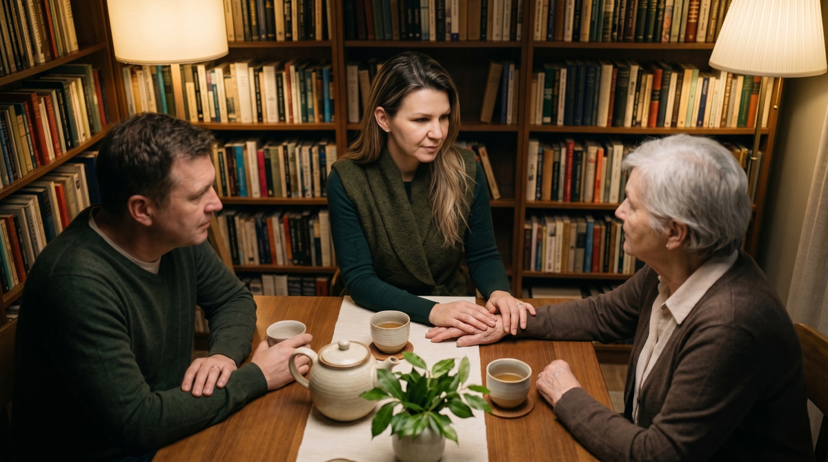 Family sitting together in a cozy living room having a peaceful conversation about future planning.