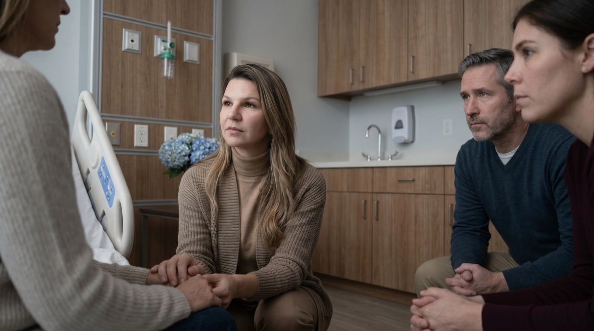 Caregiver holding a patient's hand in a comforting home setting
