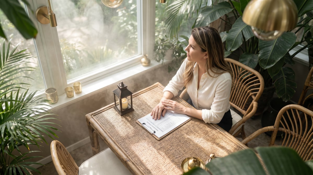 Healthcare provider listening compassionately to a patient in a comfortable, warm consulting environment