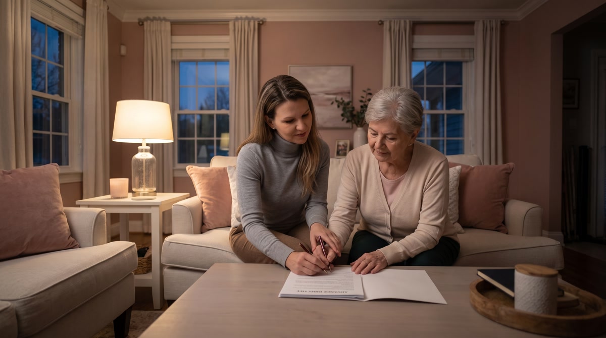 A family caregiver taking a moment of respite while a home care aide watches their loved one