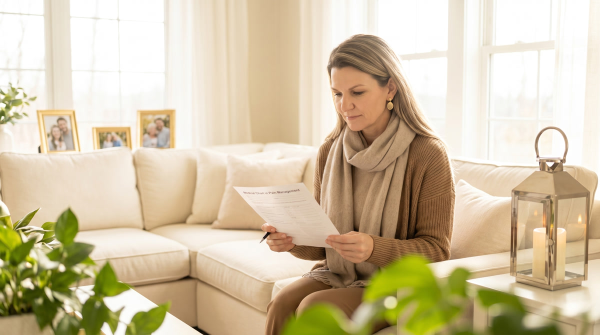 Illustration of hands holding advance directive documents on a table with a cup of tea