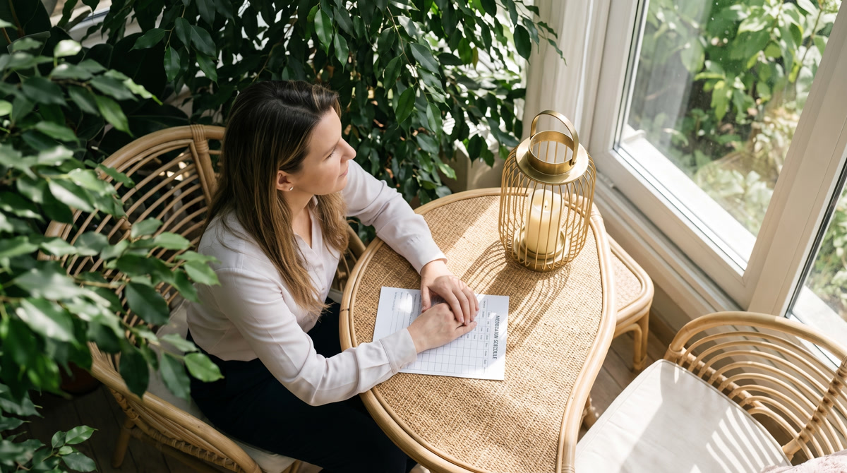 Illustration of a patient journaling by a window to manage chronic illness anxiety